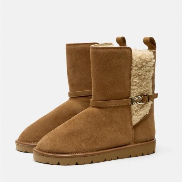 ZARA FAUX SHEARLING FLAT LEATHER ANKLE BOOTS - Picture 3 of 7